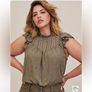 Torrid 00x/10 Eyelet Ruffle Sleeve Top Olive
